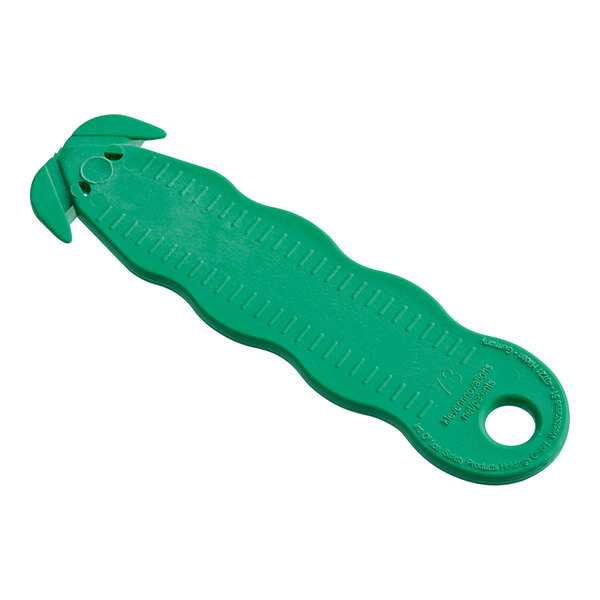 A green plastic Klever Kutter box cutter with a hole in the handle.