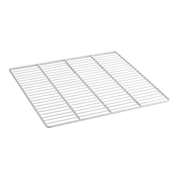 A white metal wire shelf with a grid on it.