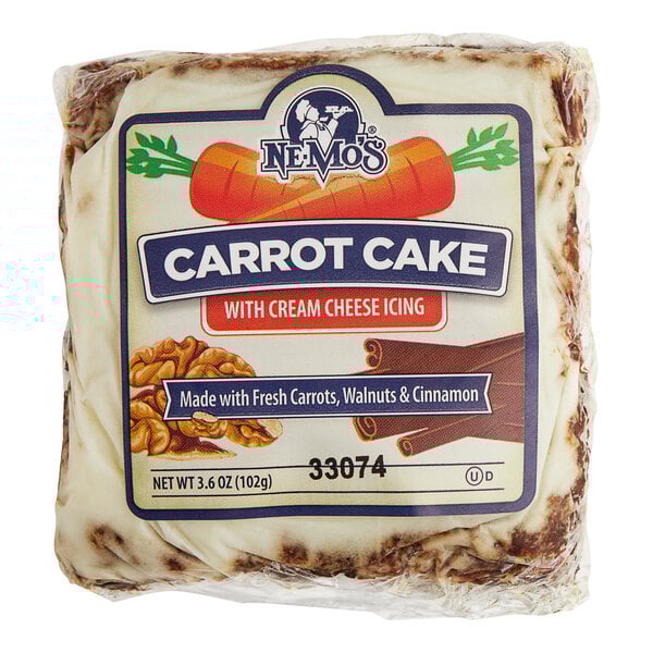A package of Ne-Mo's Bakery Individually Wrapped Carrot Cake squares.