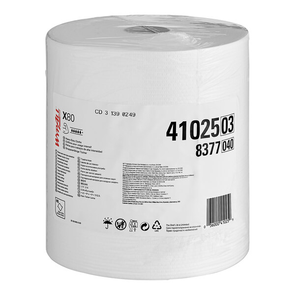 A white roll of WypAll X80 industrial wipers with the label on it.