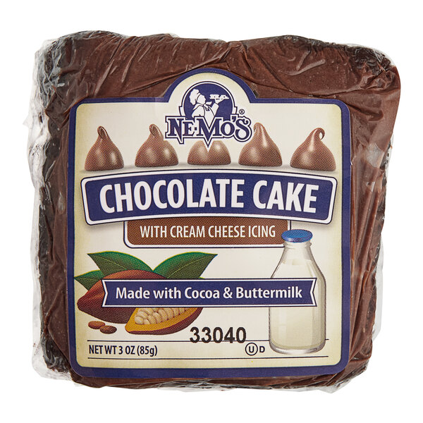 A package of Ne-Mo's Bakery individually wrapped chocolate cake squares on a counter.