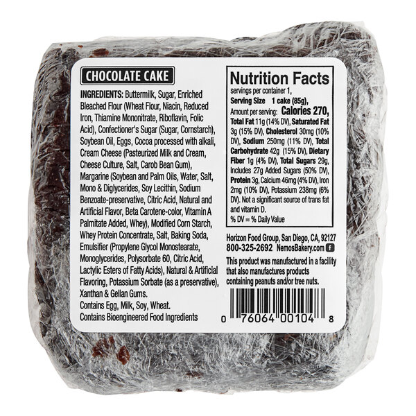 A close up of a Ne-Mo's Bakery individually wrapped chocolate cake square package.