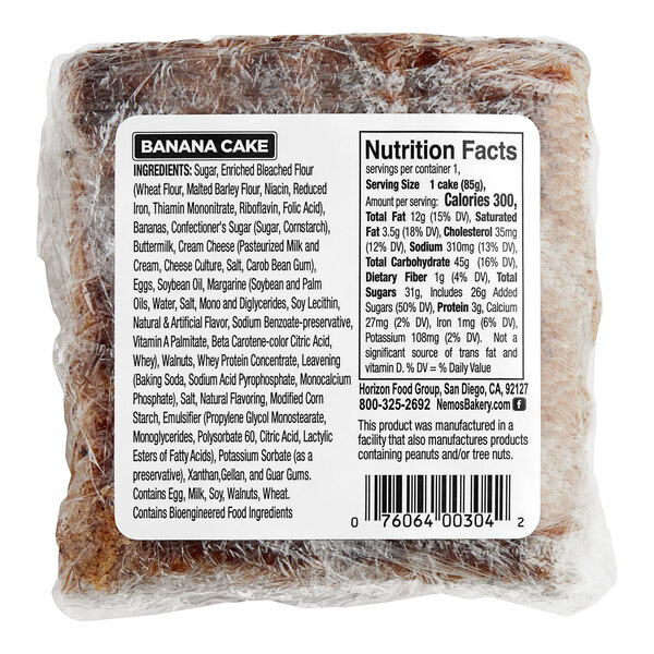 A package of Ne-Mo's Bakery Individually Wrapped Banana Cake squares.