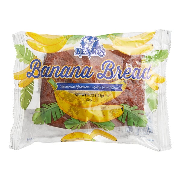 A package of Ne-Mo's Bakery Individually Wrapped Banana Cake Bread in a plastic bag.