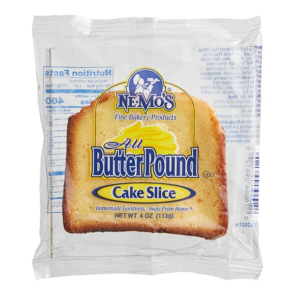A Ne-Mo's Bakery all butter pound cake slice on a paper package.