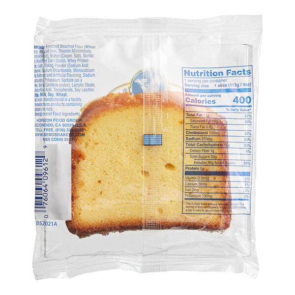 A Ne-Mo's Bakery individually wrapped all butter pound cake slice in a package.