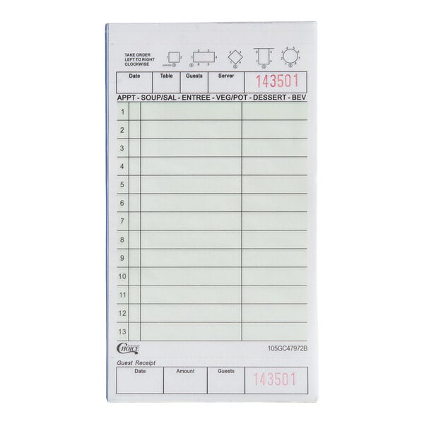 Choice 2 Part Green and White Carbonless Guest Check with Beverage Lines and Bottom Guest Receipt - 40/Case