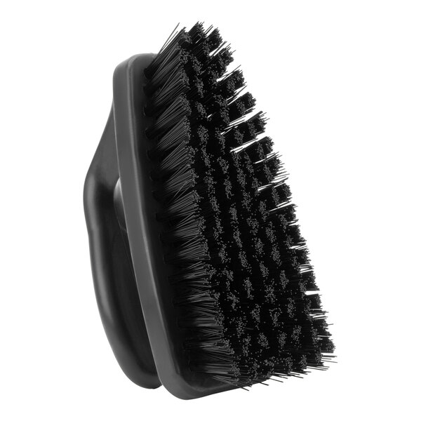 A close-up of a Carlisle black hand scrub brush with black bristles.