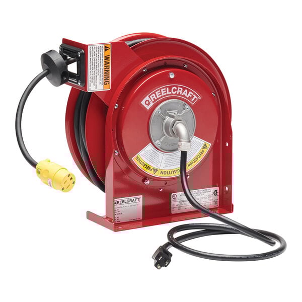 A red Reelcraft cord reel with a black power cord attached.