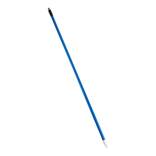 A blue and white threaded fiberglass broom/squeegee handle with a white tip.