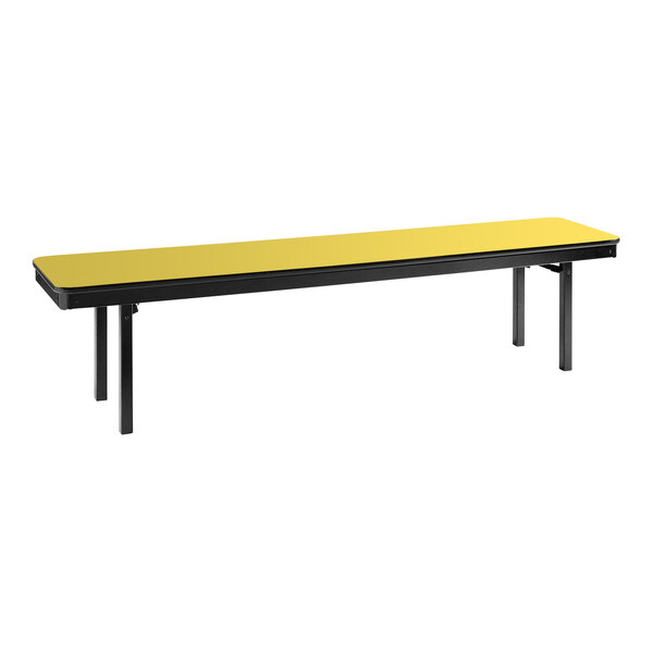 A yellow bench with black legs.