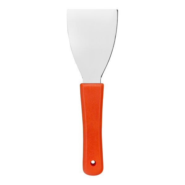 A close-up of a Carlisle orange steel handheld scraper.