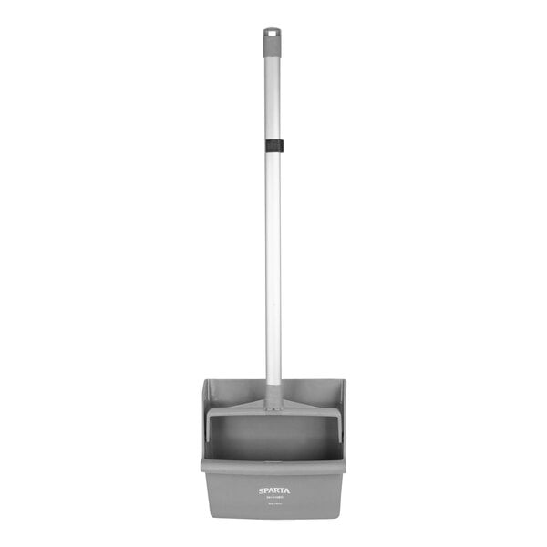 A gray Carlisle upright dustpan with an aluminum handle.