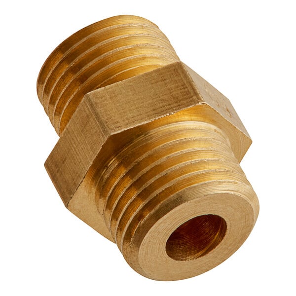 A close-up of a brass threaded male fitting for a Cooking Performance Group liquid propane wok range.