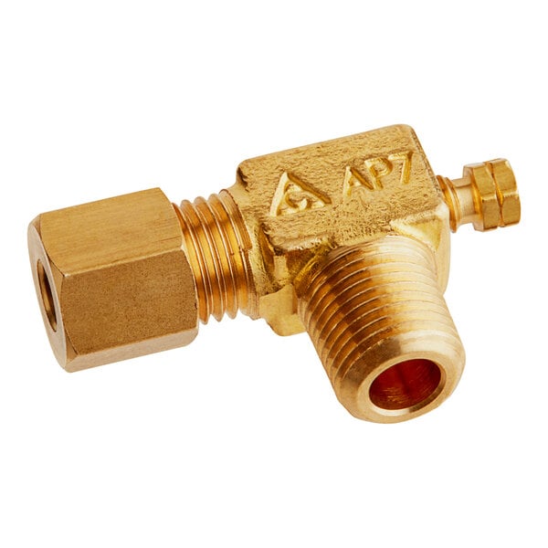 A brass Cooking Performance Group pilot valve with a gold nut.