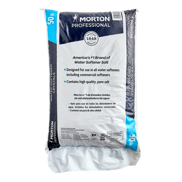 A Morton 50 lb bag of water softener crystals on a white background.