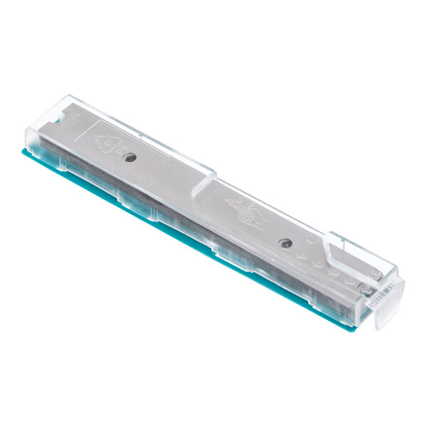 A close-up of a Carlisle stainless steel reversible blade with two holes.