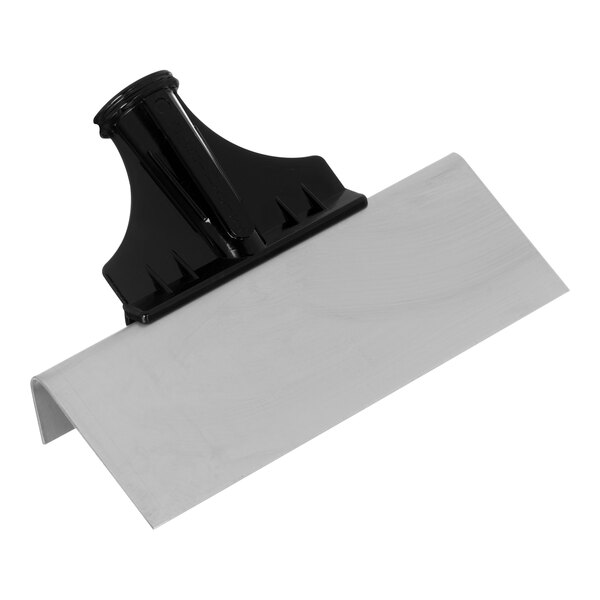 A black and white plastic floor scraper handle with a black clip on a white surface.