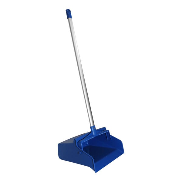 A blue Carlisle Sparta upright dustpan with a long handle.