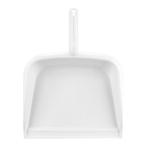 A white plastic Carlisle Sparta handheld dustpan with a handle.