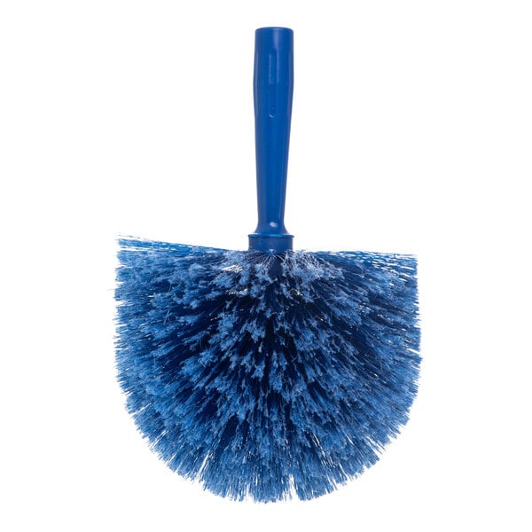 A blue corner and cobweb duster brush with a round bristle head and a short handle.