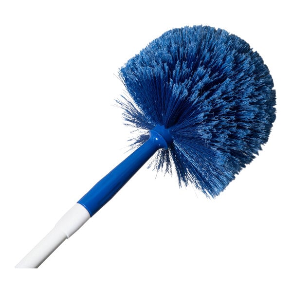 A blue corner and cobweb duster brush with a round bristle head and a white handle.