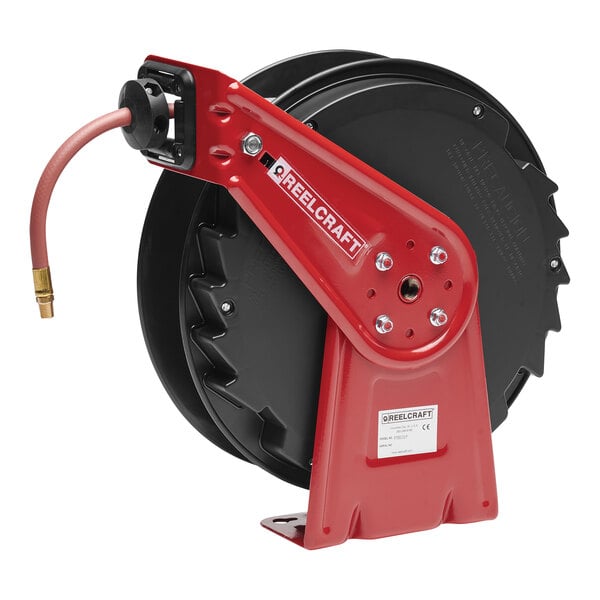 A red and black Reelcraft Series RT hose reel with a hose attached.