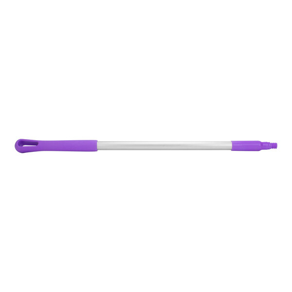 A purple and silver Carlisle Sparta broom and squeegee handle with white threading.