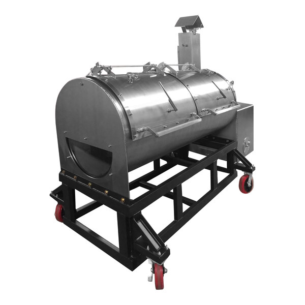 A large stainless steel metal cylinder on wheels.