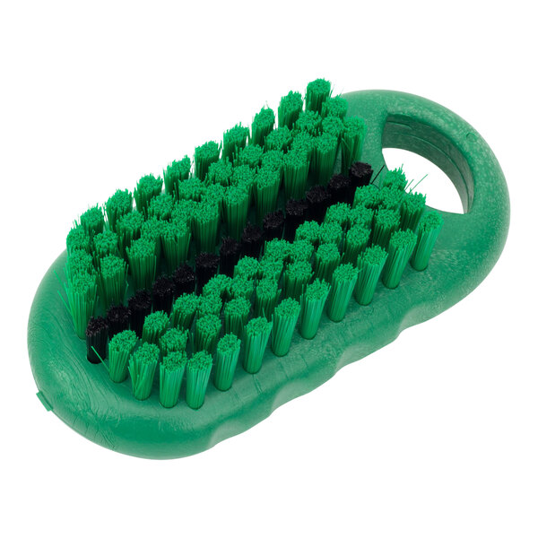 A green Carlisle Sparta hand and nail brush with black and green bristles.