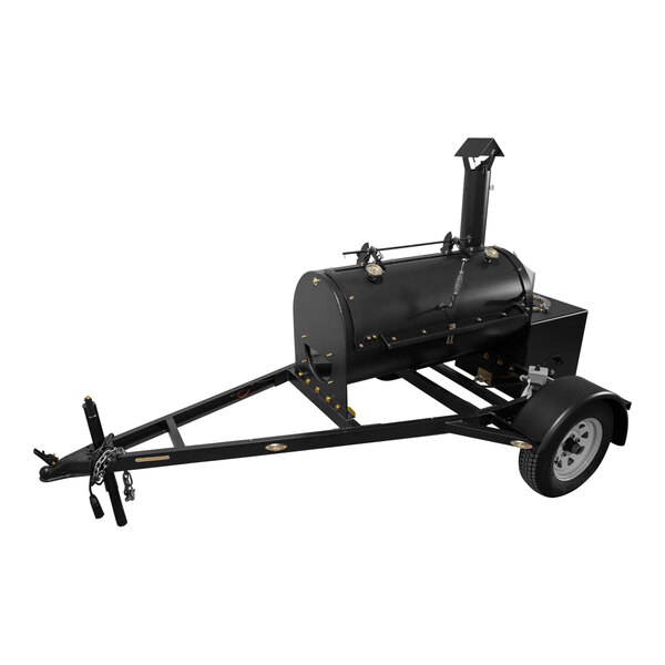 A black barrel smoker on a metal frame.