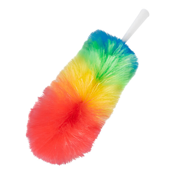 A colorful synthetic wool duster with a white handle.