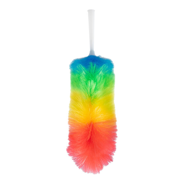 A colorful synthetic wool duster with a white handle.
