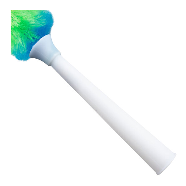 A long-handled wool duster with a white handle and green and blue dusting head.