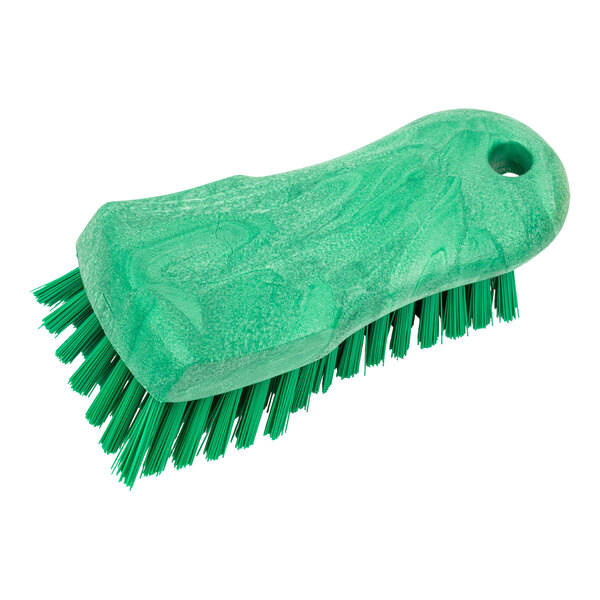 A green Carlisle Sparta handheld scrub brush with bristles.