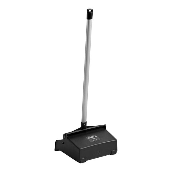 A black and silver Carlisle dustpan with a long white aluminum handle.