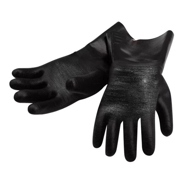 A pair of black neoprene dishwashing gloves with a jersey lining.