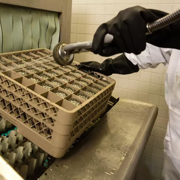A pair of black neoprene dishwashing gloves being worn by a person washing dishes.