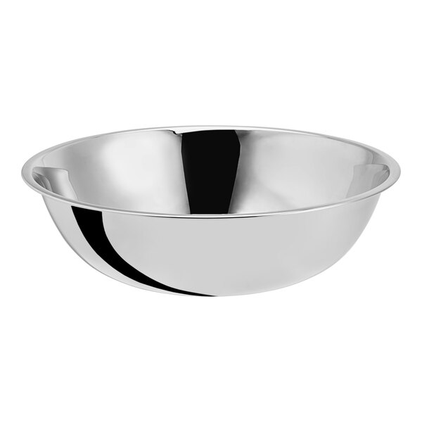 A silver stainless steel mixing bowl with a handle.