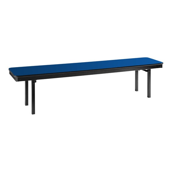 A Persian blue National Public Seating folding bench with black legs.