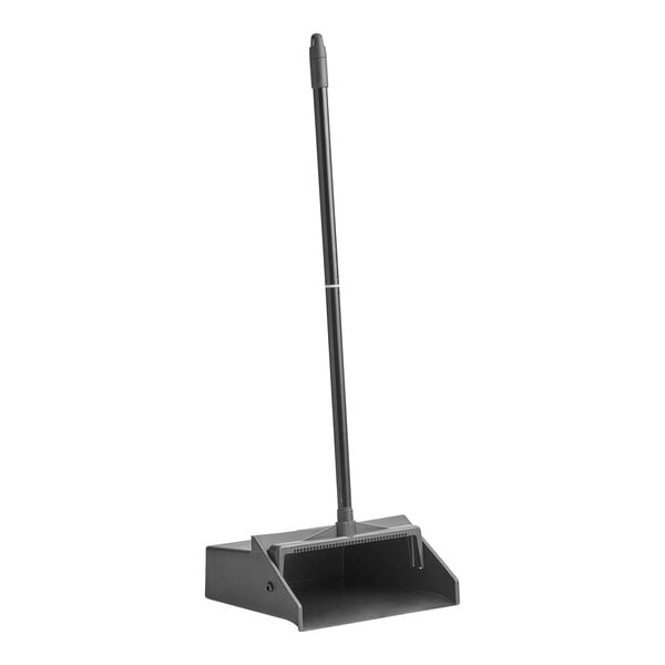 A black dustpan with a long handle.
