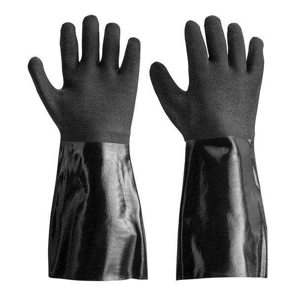 A pair of black San Jamar dishwashing gloves with jersey lining.