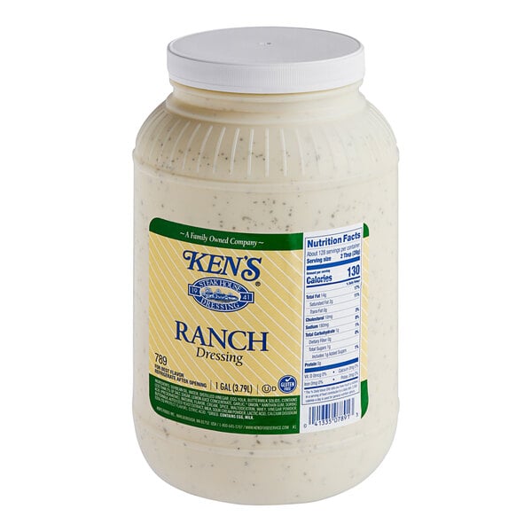 A white jar of Ken's Foods Ranch Dressing with a green label.
