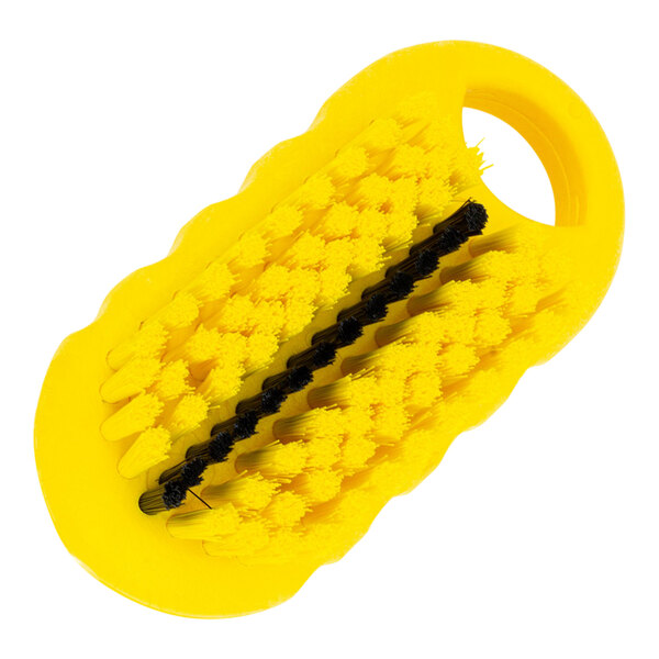 A close-up of a Carlisle Sparta yellow hand and nail brush with black bristles.