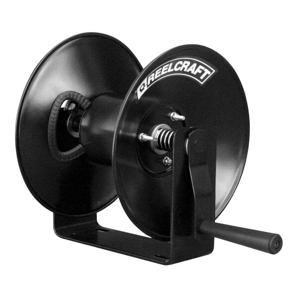 A black Reelcraft hand crank hose reel with a handle.