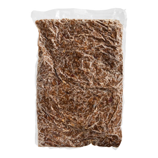 A rectangular plastic bag of brown Abbot's Butcher plant-based Italian sausage crumble with white writing.