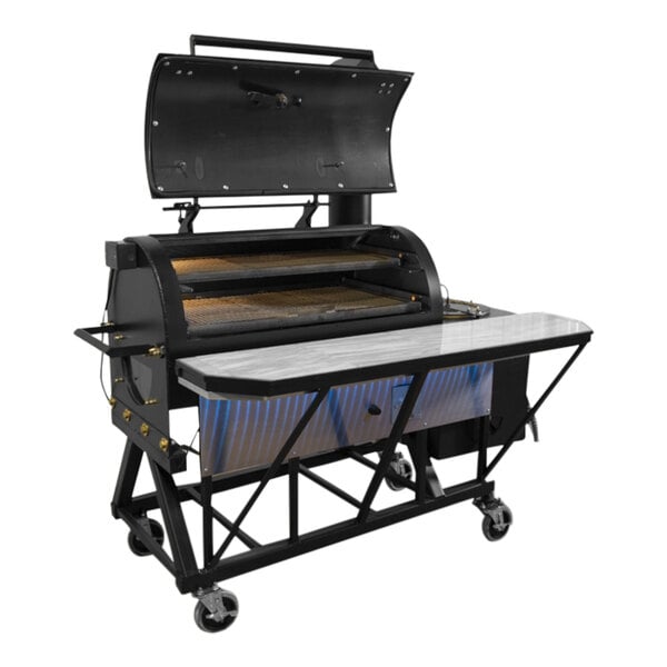 A large black barbecue grill with a white surface.