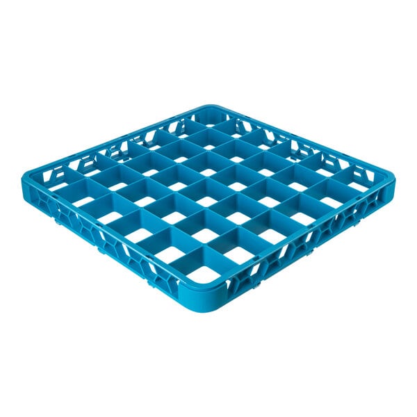 A blue plastic 36-compartment glass rack extender.