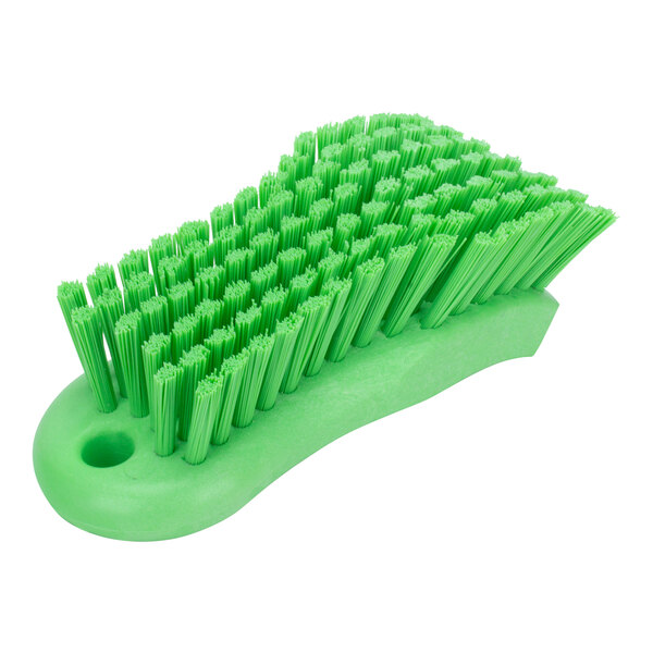 A lime green Carlisle Sparta handheld scrub brush with bristles.