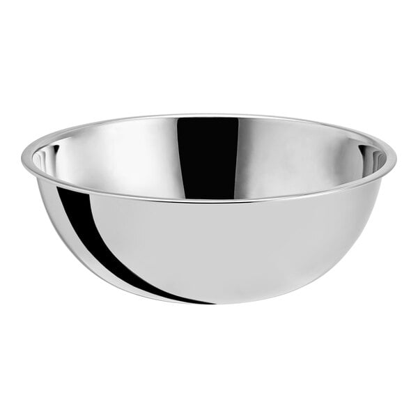 A silver stainless steel Choice mixing bowl.
